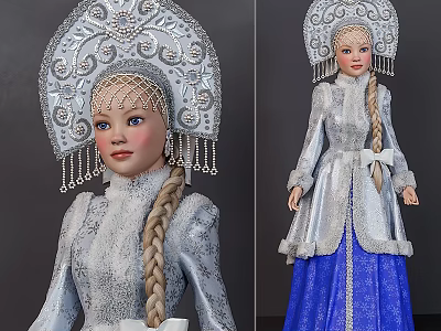 Traditional Outfit Doll With Silver Decorated Headdress Long Braid And Blue Skirt 3d model