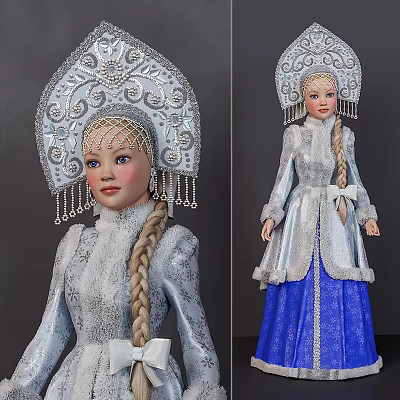 Traditional Outfit Doll With Silver Decorated Headdress Long Braid And Blue Skirt 3d model