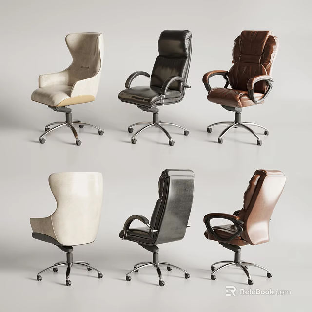 Beige Black Brown Leather Office Chairs With High Back Armrests And Swivel Base Wheels 3d model 