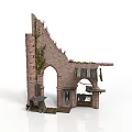 Ruined Brick Arch Structure With Ancient Wall Windows And Climbing Ivy 3d model