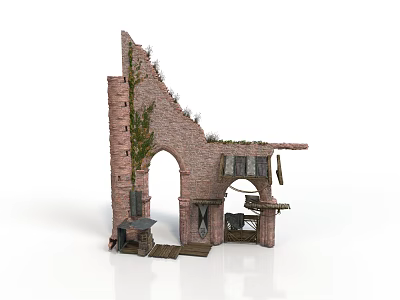 Ruined Brick Arch Structure With Ancient Wall Windows And Climbing Ivy 3d model