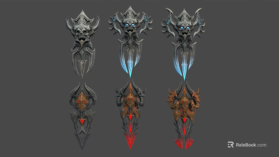 Ornate Fantasy Weapons With Three Intricate Designs And Glowing Blue Red Accents 3d model 