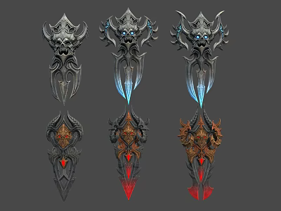 Ornate Fantasy Weapons With Three Intricate Designs And Glowing Blue Red Accents 3d model