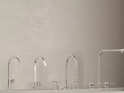 Modern Stainless Steel Kitchen Faucets Display On Concrete Countertop With Gray Wall 3d model