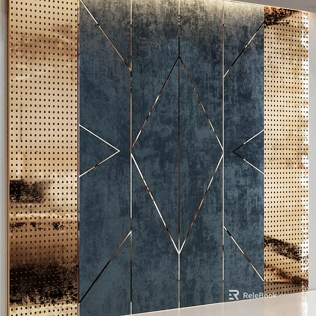 Modern Luxury Deep Blue Wall Decor with Metal Lines Geometric Pattern and Perforated Panel Background 3d model