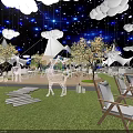 Enchanting Outdoor Restaurant With Cloud Shaped Lights Starry Sky Background Giraffe Decorations And Illuminated Trees