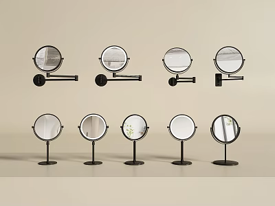 Round Mirrors With Black Stands Wall Mounted And Tabletop On Beige Background Reflecting Green Plant 3d model