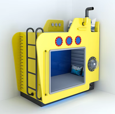 Yellow Submarine Shaped Bunk Bed with Black Ladder Round Windows Red Accents and Blue Interior 3d model