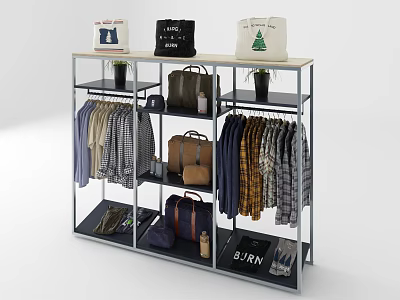 Stylish Clothing Rack With Hanging Clothes Bags Plants And Storage Shelves 3d model