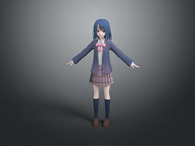 Anime Game Movie Character With Blue Hair Purple Coat Pink Bow Tie And Plaid Skirt 3d model