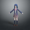 Anime Game Movie Character With Blue Hair Purple Coat Pink Bow Tie And Plaid Skirt