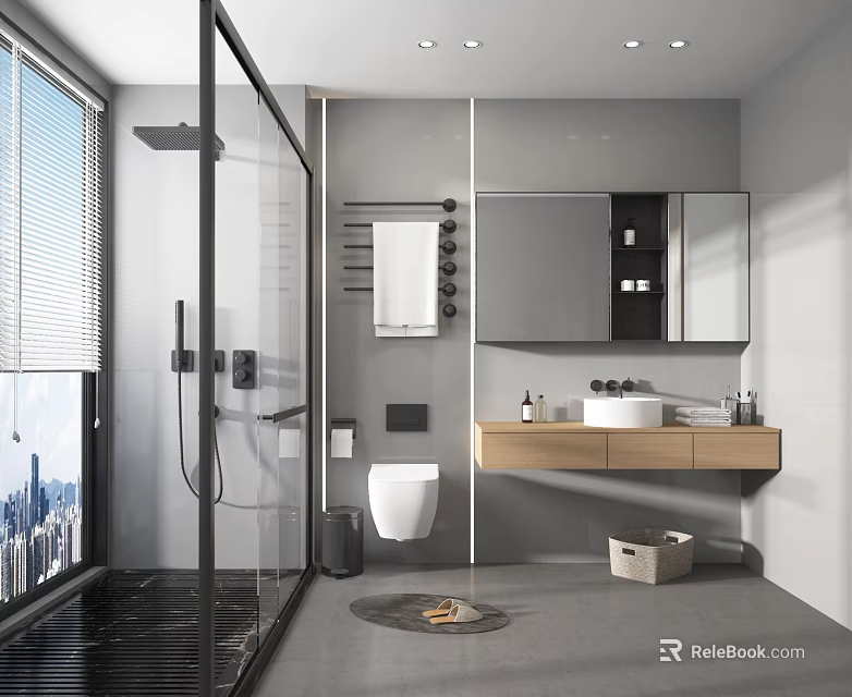 Modern Bathroom With Glass Shower Wall Mounted Toilet Wooden Countertop Sink Large Mirror Gray Tones 3d model 