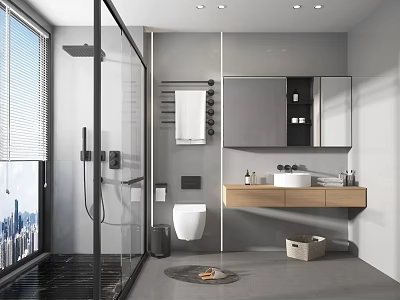 Modern Bathroom With Glass Shower Wall Mounted Toilet Wooden Countertop Sink Large Mirror Gray Tones 3d model