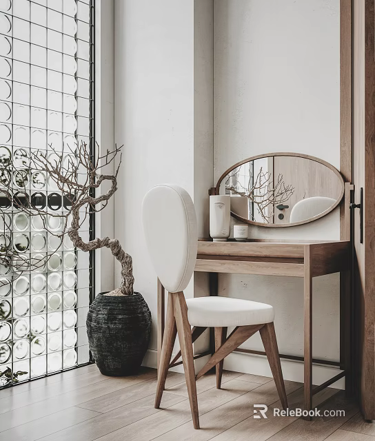 Modern Wooden Dressing Table With Oval Mirror White Chair And Plant By Glass Block Window 3d model 