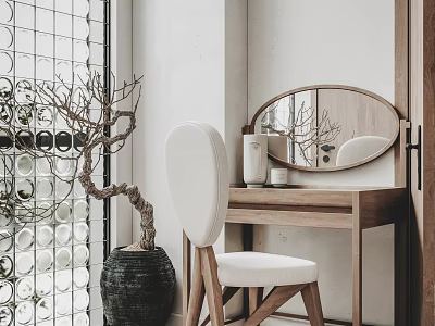 Modern Wooden Dressing Table With Oval Mirror White Chair And Plant By Glass Block Window 3d model