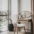 Modern Wooden Dressing Table With Oval Mirror White Chair And Plant By Glass Block Window