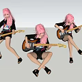 Women With Pink Hair Playing Electric Guitars in Different Dynamic Poses Against Gray Studio Background