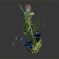 Artistic Decorative Statue With Green Yellow Colors Holding Long Staff And Cacti Blue Fish