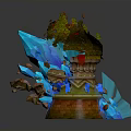 Wood and Stone Artistic Sculpture Featuring Blue Crystals Green Foliage and Rocks