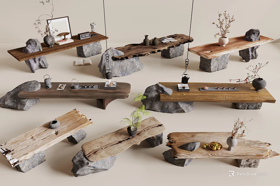 Natural Rustic Tea Table and Chairs with Wooden Surfaces Stone Bases and Decorative Plants 3d model 