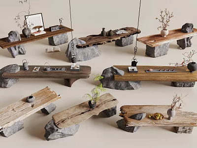 Natural Rustic Tea Table and Chairs with Wooden Surfaces Stone Bases and Decorative Plants 3d model