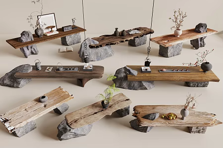 New Chinese Style Tea Table and Chair Wood Blatted Table Stone Board Tea Table Wood Board End View Table 3d model