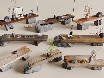New Chinese Style Tea Table and Chair Wood Blatted Table Stone Board Tea Table Wood Board End View Table 3d model