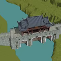 Classic Ancient Chinese Architecture With Stone Wall Gates And Scenic Mountain River