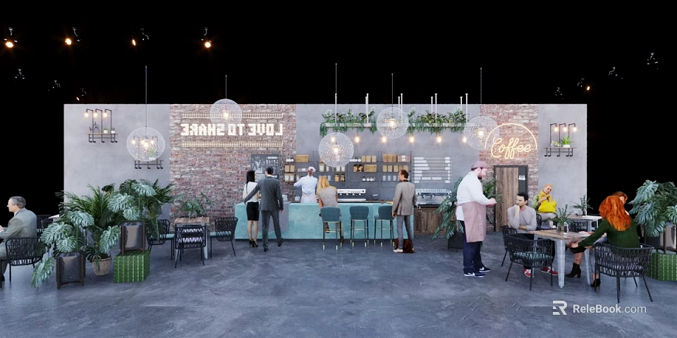 Charming Cafe Interior With Brick Wall Hanging Lights Green Plants And Cozy Seating 3d model 