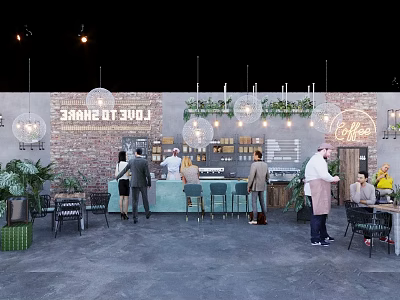 Charming Cafe Interior With Brick Wall Hanging Lights Green Plants And Cozy Seating 3d model