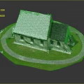 Cartoon Scene Featuring Church with White and Black Roof on Circular Lawn Pathway and Cars