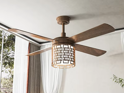 Wooden Blades Ceiling Fan with Light Chinese Style Lattice Lamp Shade Indoor Use 3d model