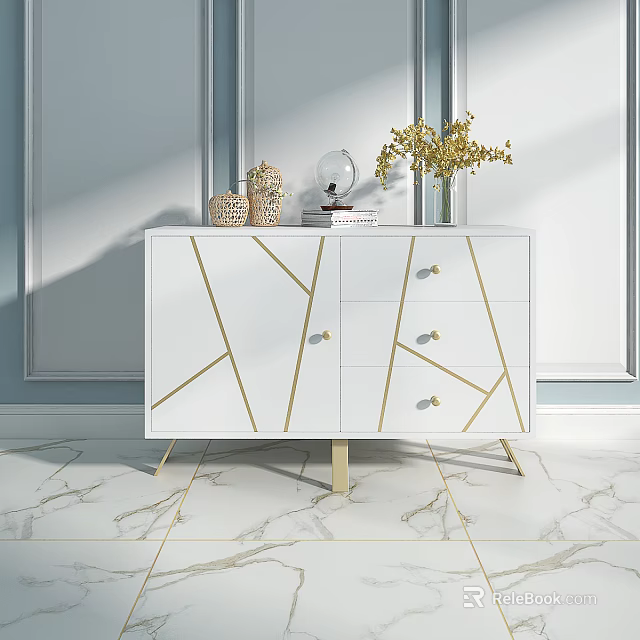 White Entryway Side Cabinet With Golden Geometric Lines Drawers Gold Legs Decorative Vase And Books 3d model 