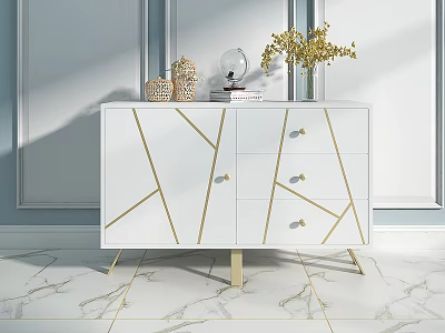 White Entryway Side Cabinet With Golden Geometric Lines Drawers Gold Legs Decorative Vase And Books 3d model
