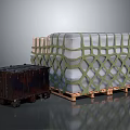 White Large Package Covered With Green Net And Dark Old Wooden Box On Wooden Pallet
