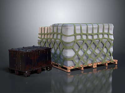 White Large Package Covered With Green Net And Dark Old Wooden Box On Wooden Pallet 3d model
