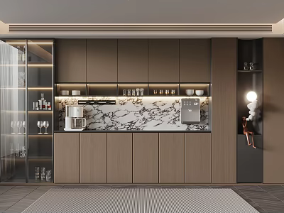 Modern Glass Door Wine Cabinet With Dark Wood Cabinets And Marble Countertop 3d model