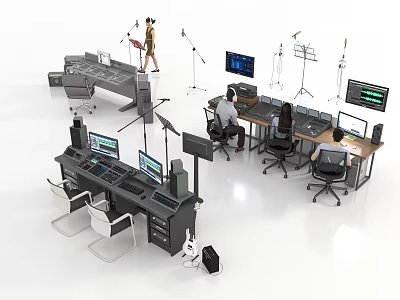 Commercial Equipment For Broadcast Studio With Control Desks Monitors And Microphone Stands 3d model