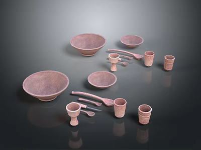 Matte Pinkish Household Items Including Bowls Cups Spoons And Small Plates 3d model