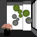 Modern Indoor Landscape Design with Hanging Greenery Balls Round Mirrors and Pink Flower Arrangement