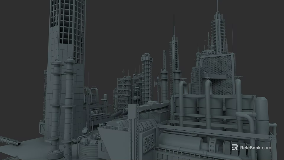 Large Industrial Plant Featuring Tall Towers Piping Systems And Heavy Equipment 3d model 