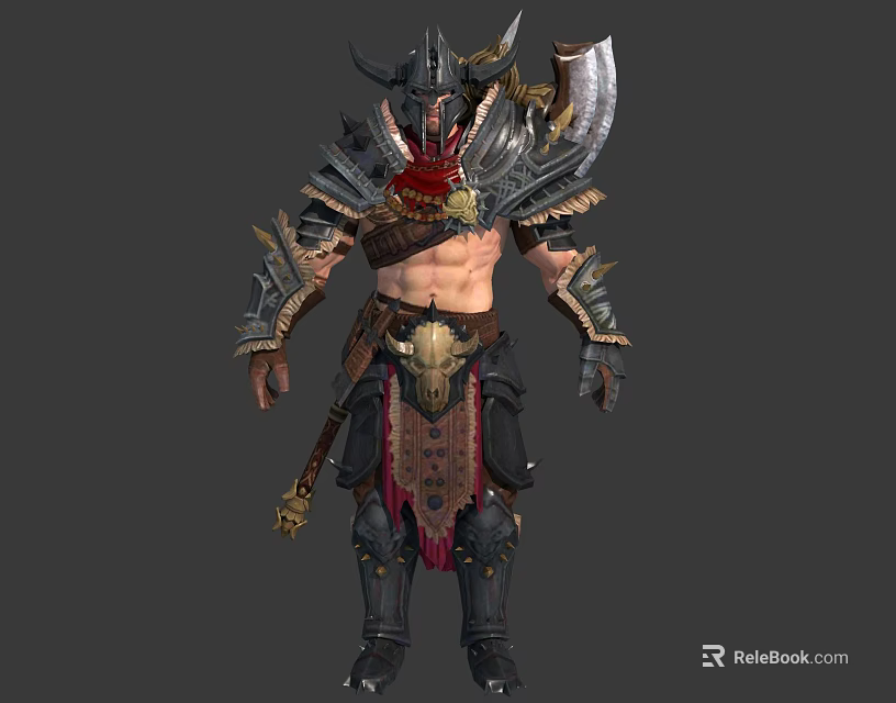 Fantasy Warrior In Intricate Armor With Horned Helmet Spiked Shoulders And Battle Axe 3d model