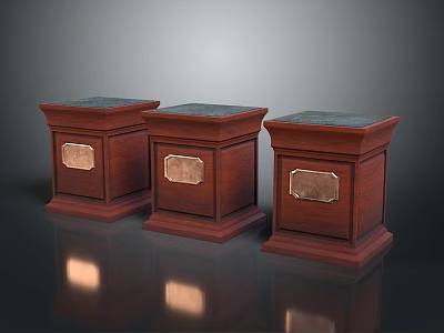 Three Classic Wooden Stools With Brass Decorative Panels And Dark Polished Tabletop Design 3d model