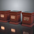 Three Classic Wooden Stools With Brass Decorative Panels And Dark Polished Tabletop Design