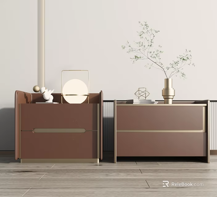 Modern Brown Bedside Tables with Gold Accents Vase Plants Mirror and Decorative Items 3d model 