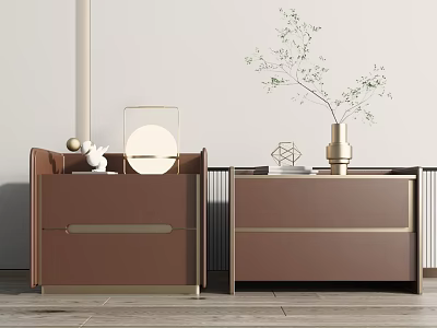 Modern Brown Bedside Tables with Gold Accents Vase Plants Mirror and Decorative Items 3d model