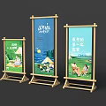 Bamboo Display Stands With Camping Theme Posters Featuring Nature And People