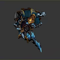 Man in Decorated Blue and Gold Armor Holding Weapon in Battle Stance