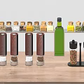 Spice Jars With Wooden Grinders And Olive Oil Bottle On Kitchen Countertop Storage Rack
