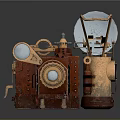 Vintage Steampunk Camera Equipment With Brass Gears And Leather Accents